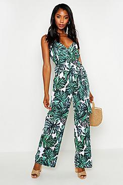 Boohoo Wrap Front Tie Waist Palm Print Culotte Jumpsuit