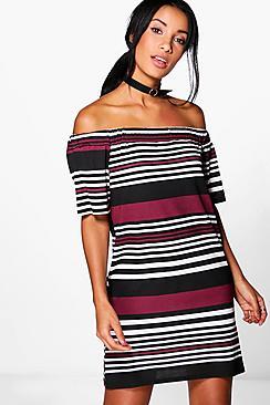 Boohoo Hayley Stripe Off Shoulder Shift Dress