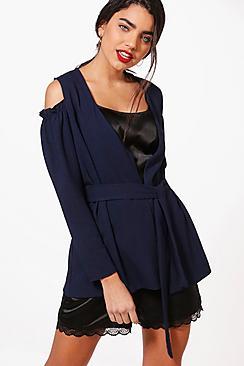Boohoo Erin Frill Cold Shoulder Belted Blazer