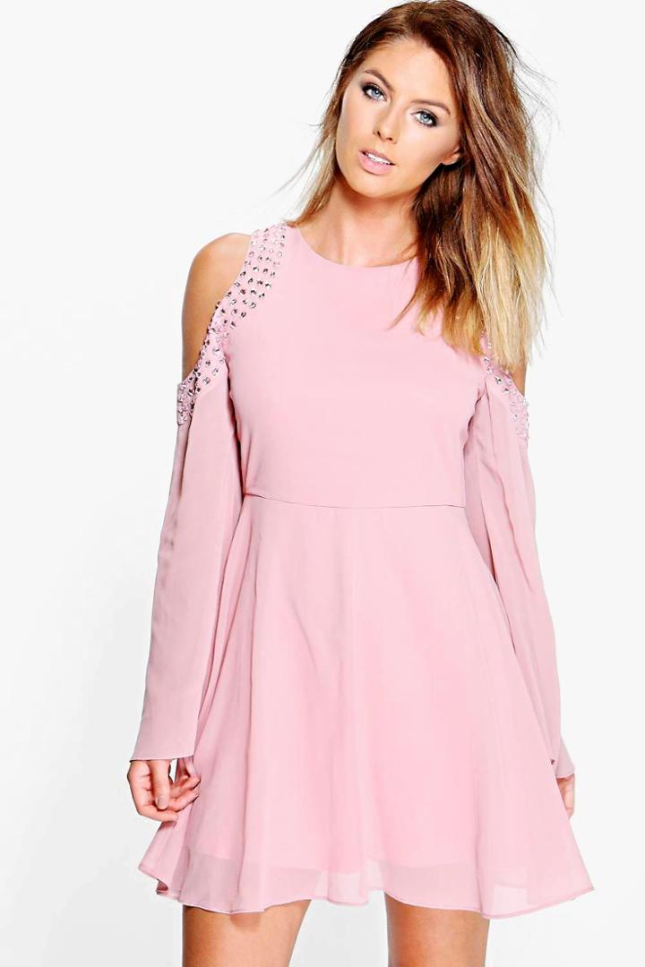 Boohoo Florence Embellished Open Shoulder Skater Dress Blush