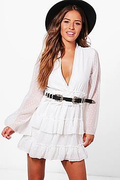 Boohoo Petite Lucia Sheer Ruffle Skater Dress