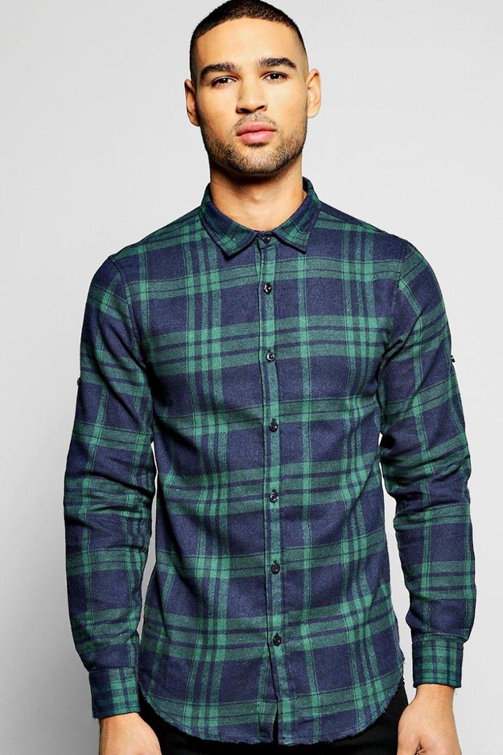 Boohoo Buffalo Flannel Shirt With Frayed Hem Green