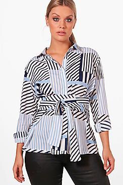 Boohoo Plus Fifi Multi Stripe Tie Waist Shirt