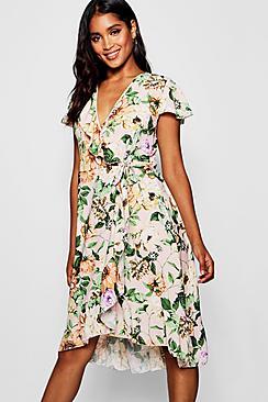 Boohoo Jeannie Wrap Frill Detail Floral Midi Dress