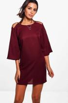 Boohoo Jinny Cage Back Long Sleeved Shift Dress Wine