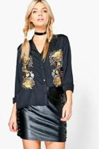 Boohoo Kalani Boutique Embroidered Front Low Collar Shirt Black