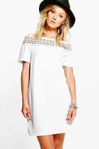 Boohoo Harlow Crochet Trim Bardot Shift Dress Cream