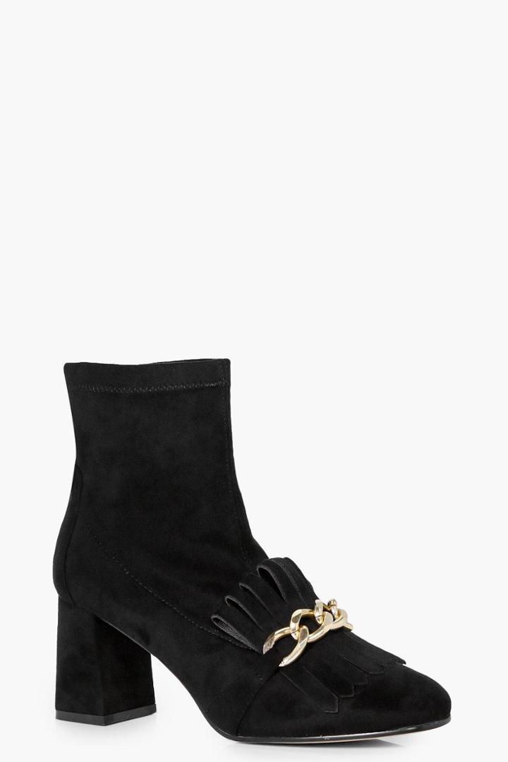 Boohoo Harriet Fringe + Chain Detail Block Heel Boot Black