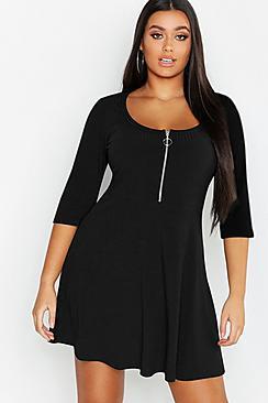 Boohoo Plus Soft Rib Zip Front Skater Dress