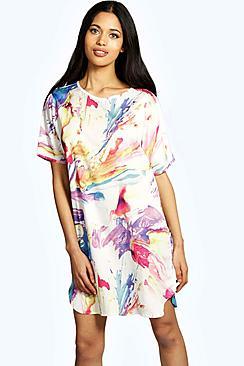 Boohoo Scarlett Bright Paint Print Woven Shift Dress