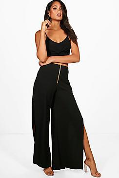 Boohoo Megan Woven Extreme Split And Zip Wide Leg