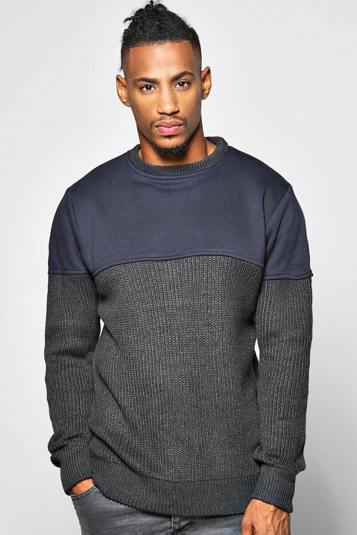 Boohoo Cable Knit Jumper With Jersey Sleeves Navy