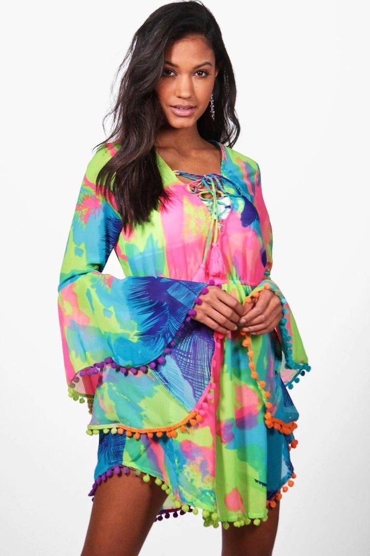Boohoo Bethany Tropical Pom Pom Beach Dress Multi