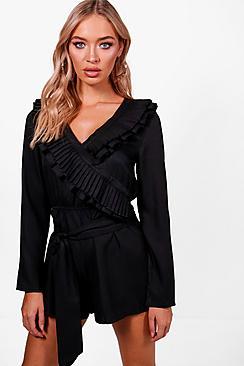 Boohoo Joan Ruffle Wrap Over 3/4 Sleeve Playsuit