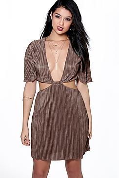 Boohoo Lucia Pleat Cap Sleeve Cut Out Detail Skater Dress