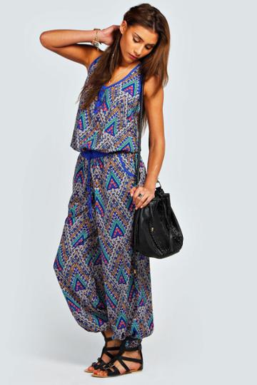 Boohoo Maya Button Front Geometric Print Jumpsuit - Blue