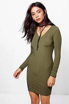 Boohoo Karlie Ribbed V Neck Mini Bodycon Dress