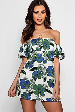 Boohoo Petite Ellie Ruched Bardot Floral Mini Dress