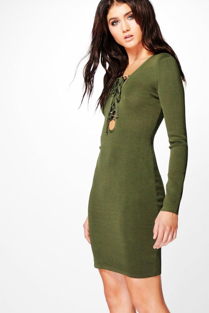 Boohoo Jessica Long Sleeve Lace Up Bodycon Dress Khaki