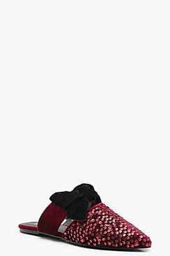 Boohoo Velvet Sequin Pointed Bow Mules