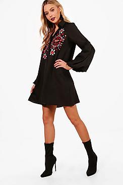 Boohoo Joanna Puff Sleeve Embroidered Shirt Dress