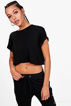 Boohoo Sarah Basic Crop Roll Back Sleeve Tee