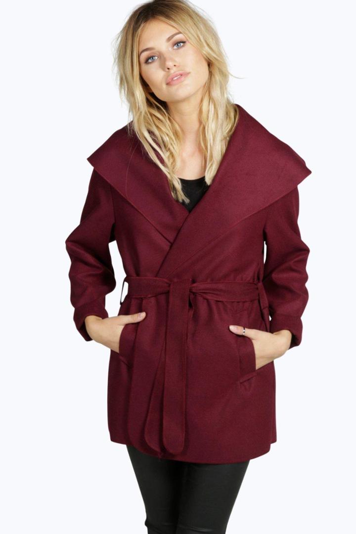 Boohoo Abigail Belted Waterfall Coat Wine
