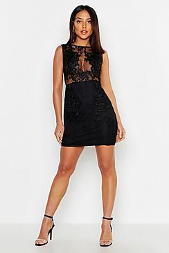 Boohoo Embroidery Lace And Mesh Detail Bodycon Dress