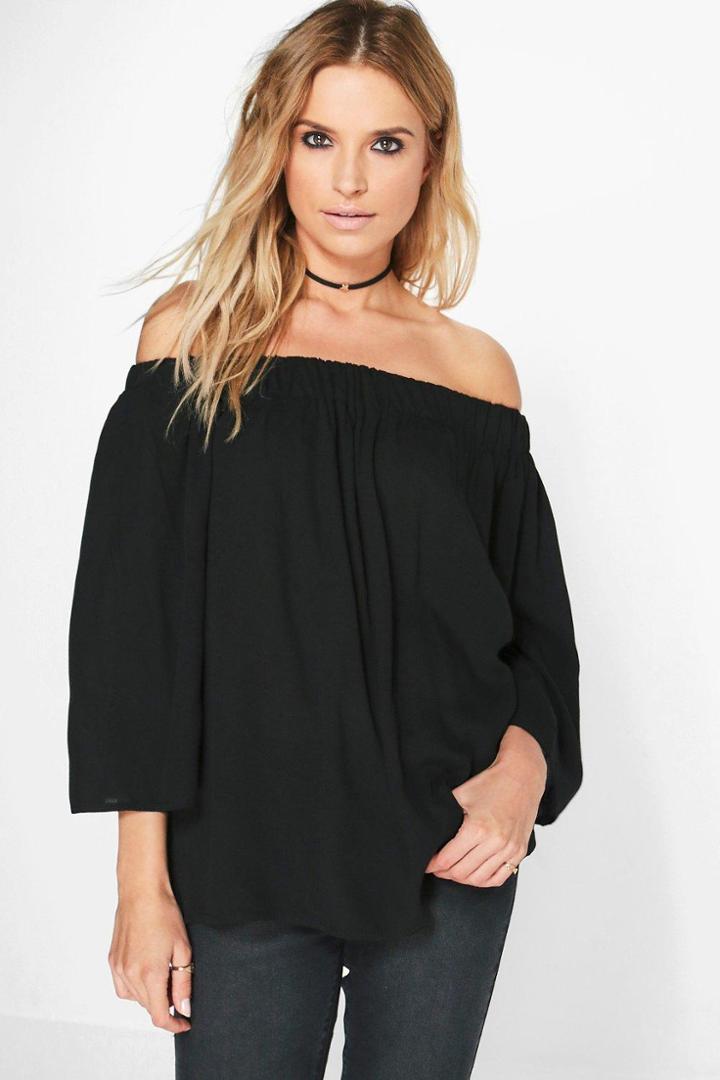 Boohoo Skye Woven Flare Sleeve Bardot Top Black