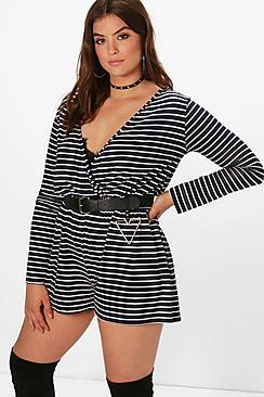 Boohoo Plus Heidi Stripe Long Sleeve Wrap Playsuit