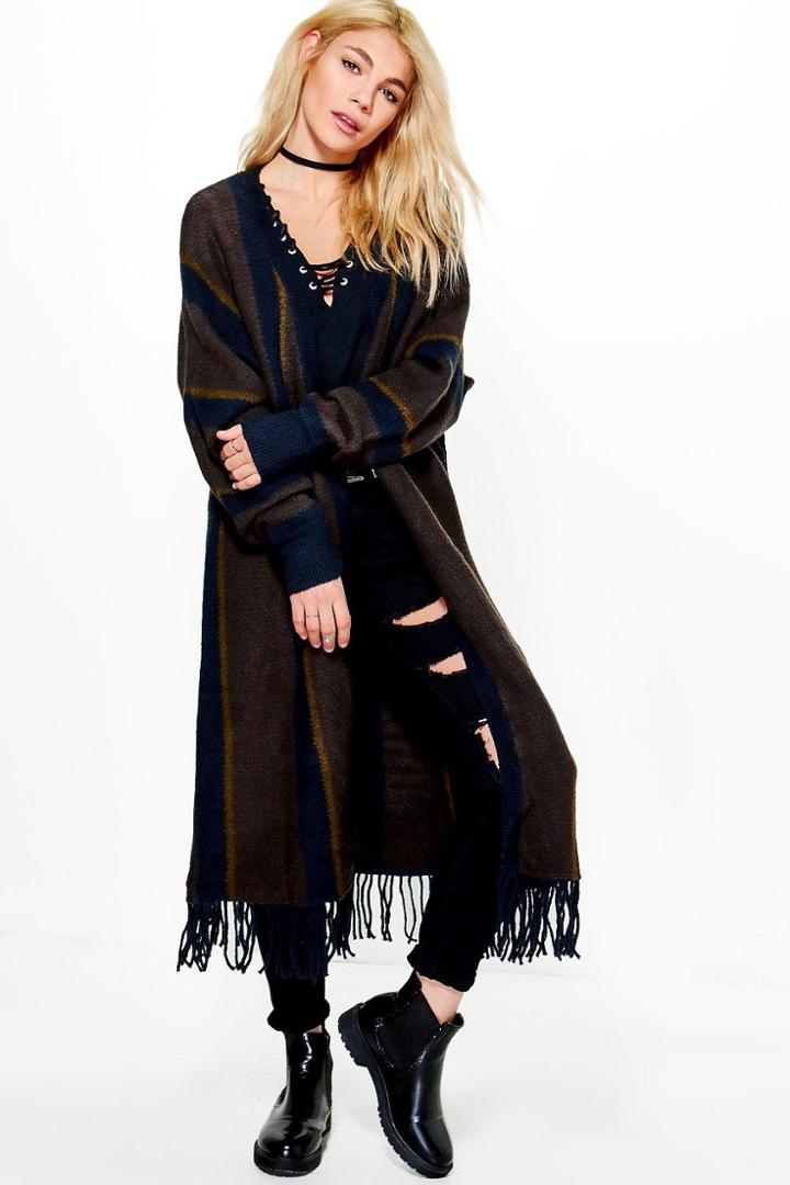 Boohoo Gabriella Maxi Cardigan With Tassels Chocolate