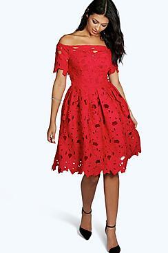 Boohoo Boutique Lisa Off Shoulder Lace Skater Dress