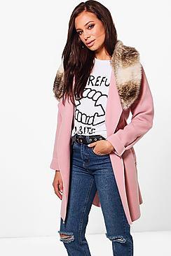Boohoo Eliza Faux Fur Collar Wool Look Coat