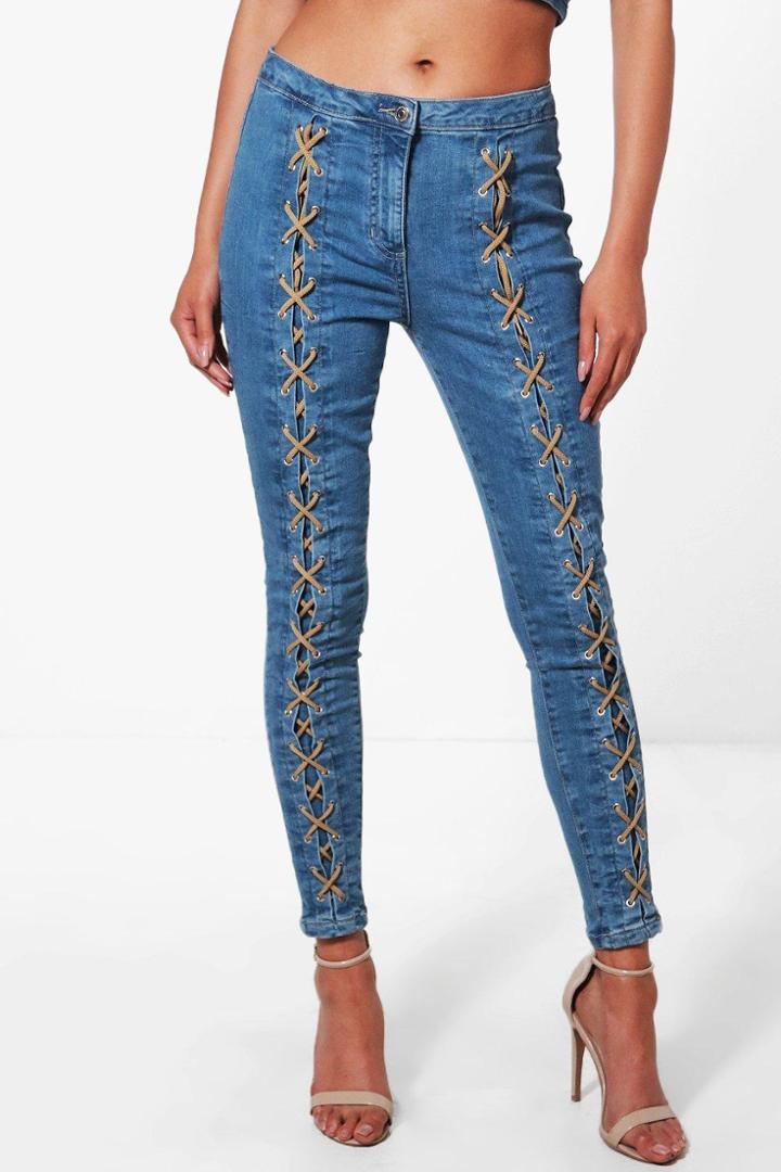 Boohoo Petra Lace Up Front Skinny Jeans Blue