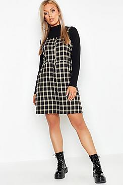 Boohoo Plus Button Down Check Print Pinafore Dress