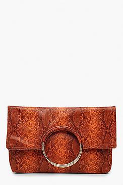 Boohoo Faux Snake Ring Clutch With Chain