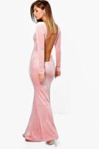 Boohoo Aleesha Velvet Low Back Fish Tail Maxi Dress Champagne