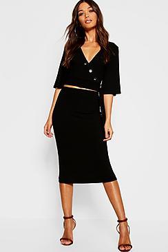 Boohoo Rib Button Detail Wrap Top + Midi Skirt Co-ord