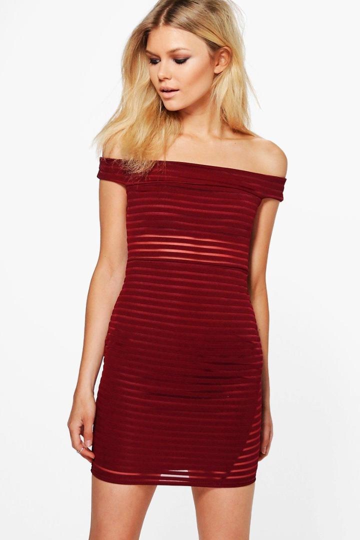 Boohoo Petite Rosie Burn Out Bardot Bodycon Dress Berry