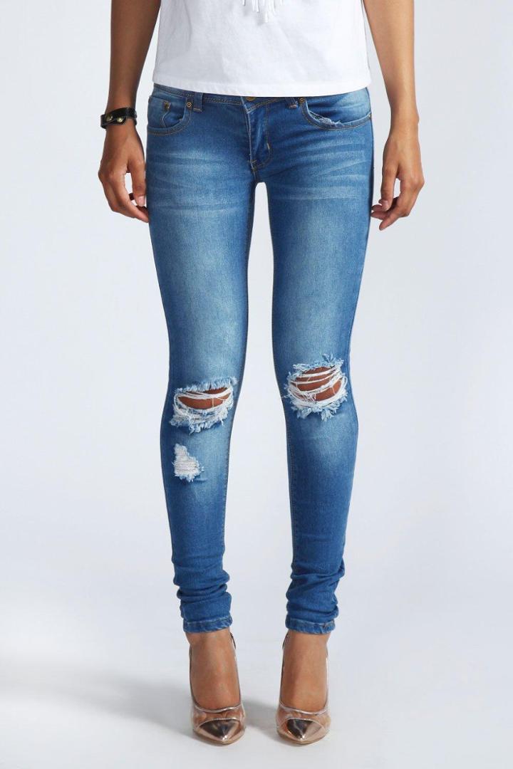 Boohoo Loren Distressed Rip Knee Skinny Jeans Blue