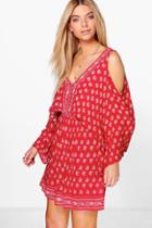 Boohoo Lyanne Woven Border Print Open Shoulder Dress Red