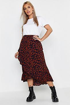 Boohoo Plus Ruffle Leopard Wrap Midi Skirt