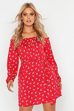 Boohoo Plus Off The Shoulder Floral Tie Waist Dress