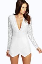 Boohoo Kaya Long Sleeve Lace Plunge Skort Playsuit Ivory