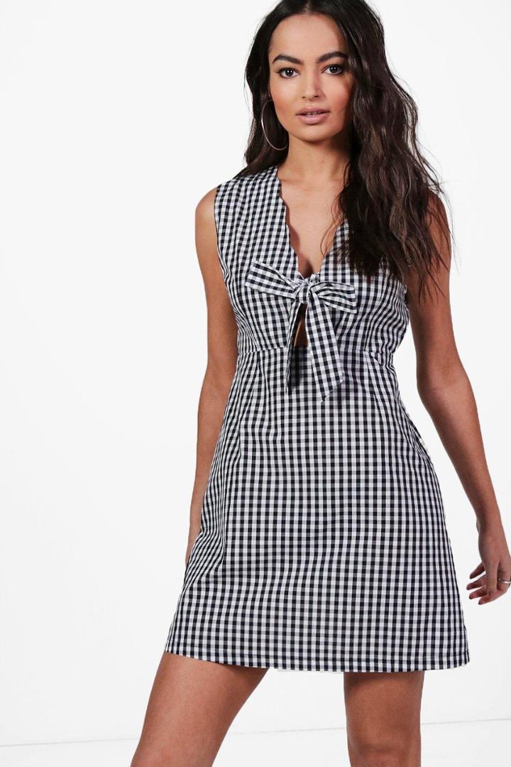 Boohoo Georgie Gingham Tie Front Skater Dress Black