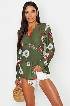 Boohoo Woven Floral Wrap Blouse