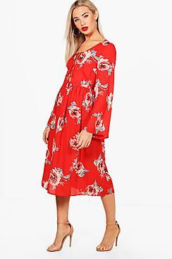 Boohoo Lace Up Front Fluted Sleeve Midi Dress