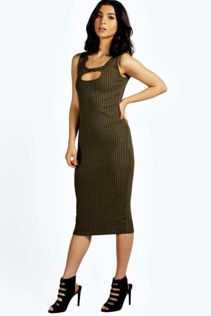 Boohoo Rianna Over Dye Knot Front Midi Dress Khaki