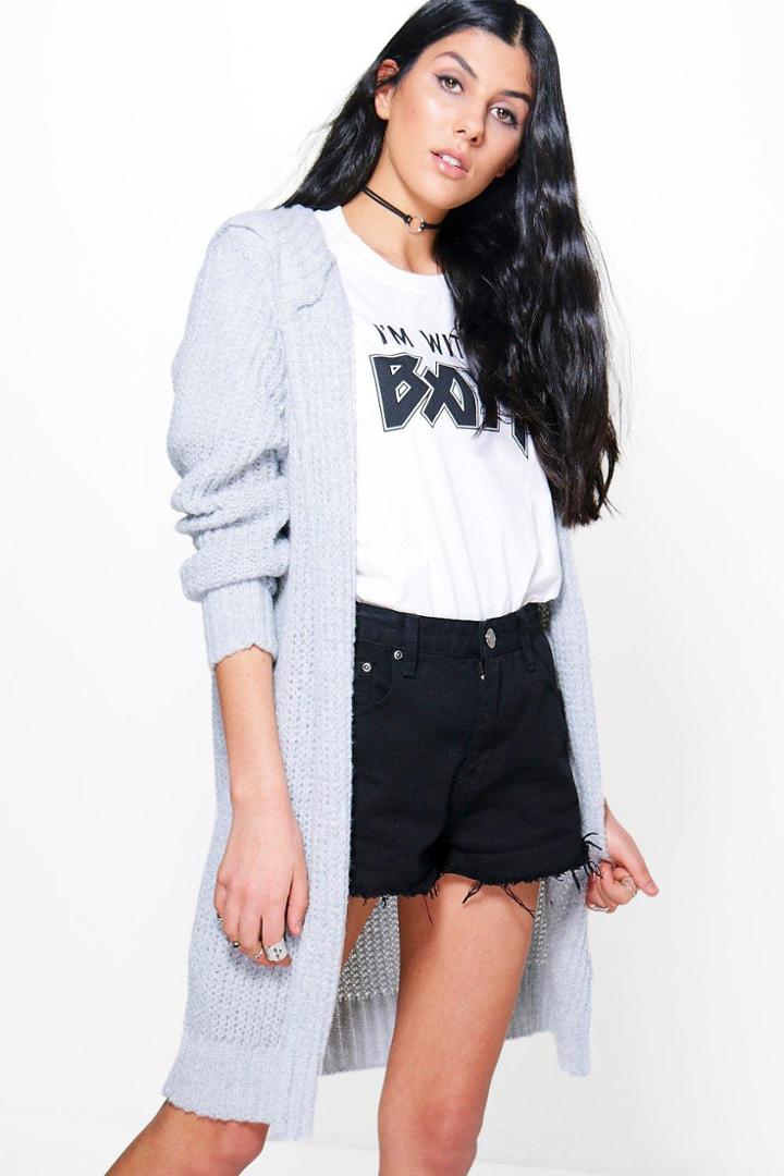 Boohoo Aliyah Soft Knit Hooded Long Cardigan Silver
