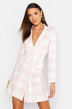 Boohoo Tall Tie Waist Check Blazer Dress